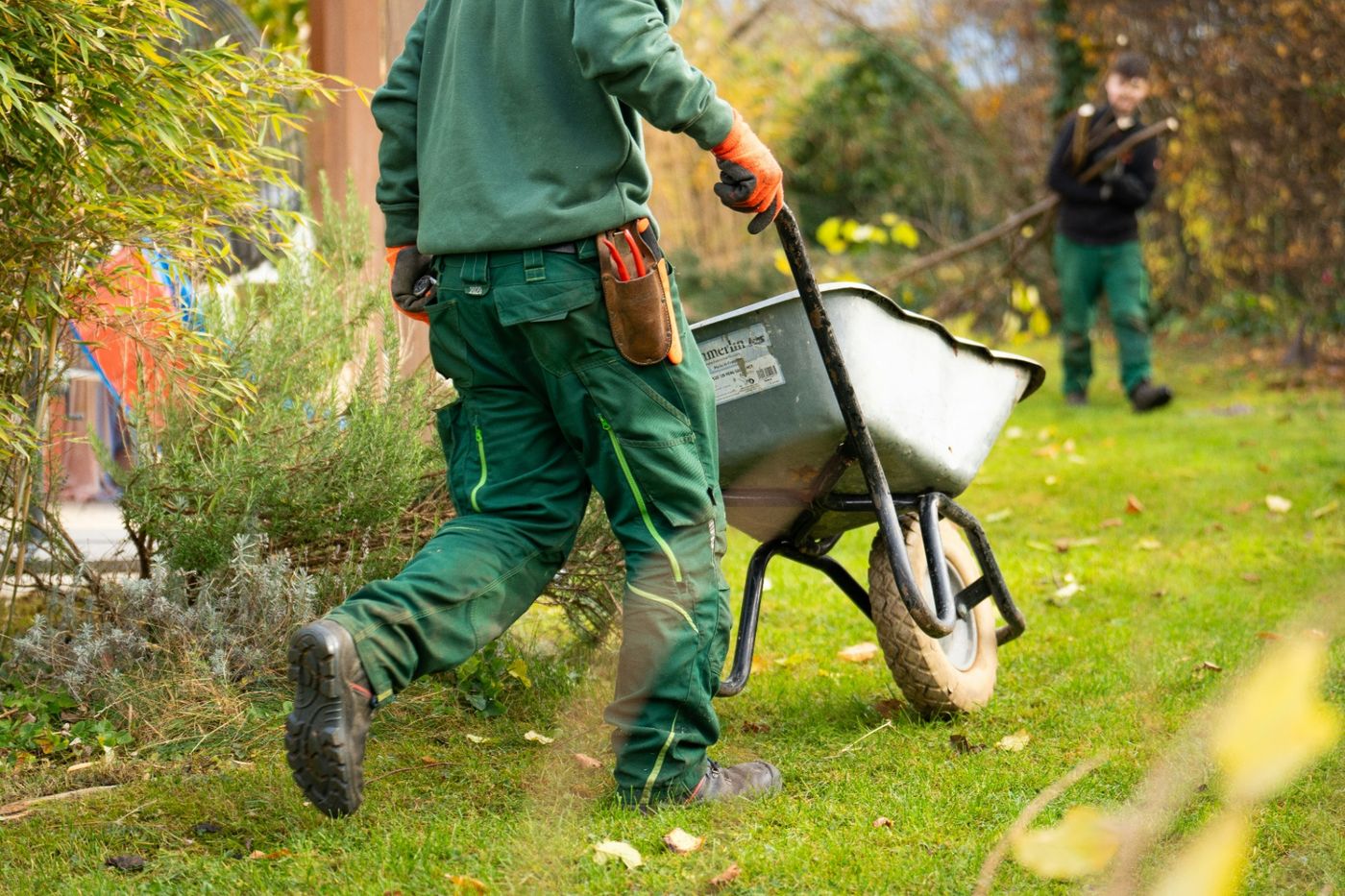 Landscaping crew member in green workwear pushing a wheelbarrow during a fall yard cleanup, a common landscaping service to build dedicated SEO pages around